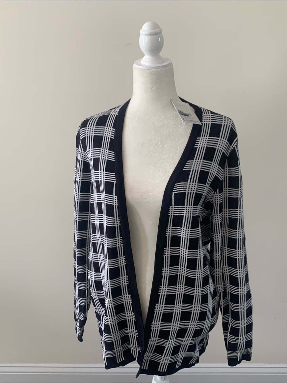 NWT - Croft & Barrow Open-Front Black & White Windowpane Cardigan Sweater - PXL